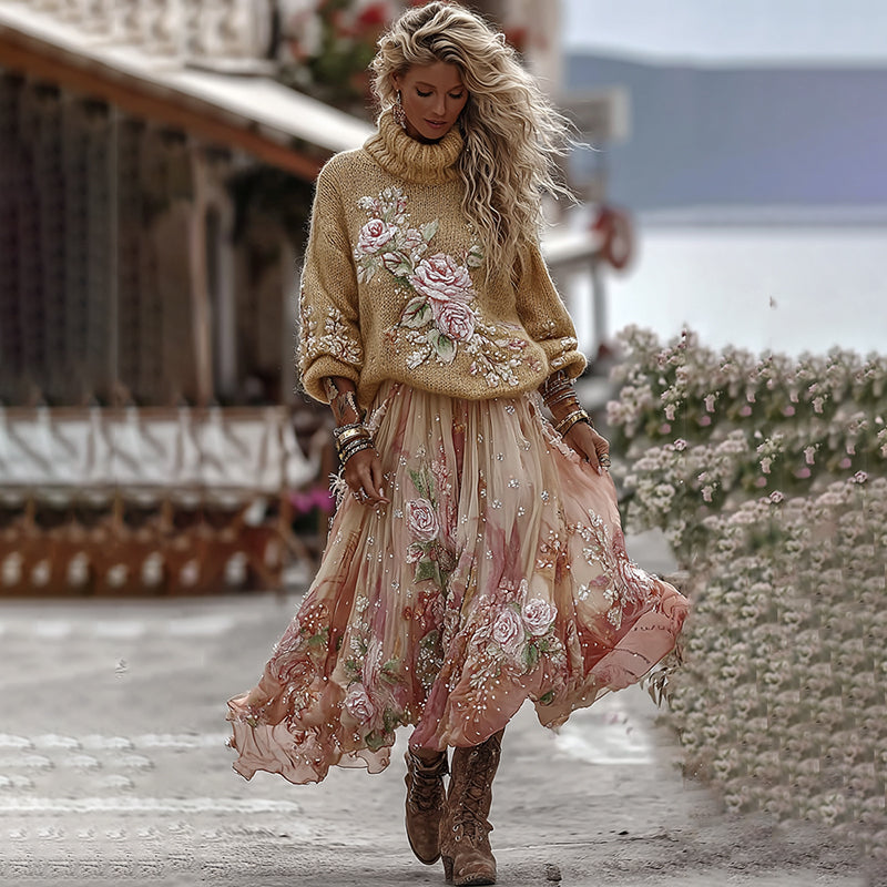 Vintage Rose In Gradient Yellow Art Cozy Knit Turtleneck Sweater And Linen Skirt Two-piece Set