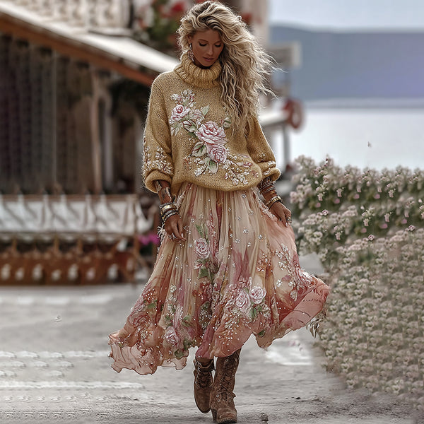 Vintage Rose In Gradient Yellow Art Cozy Knit Turtleneck Sweater And Linen Skirt Two-piece Set