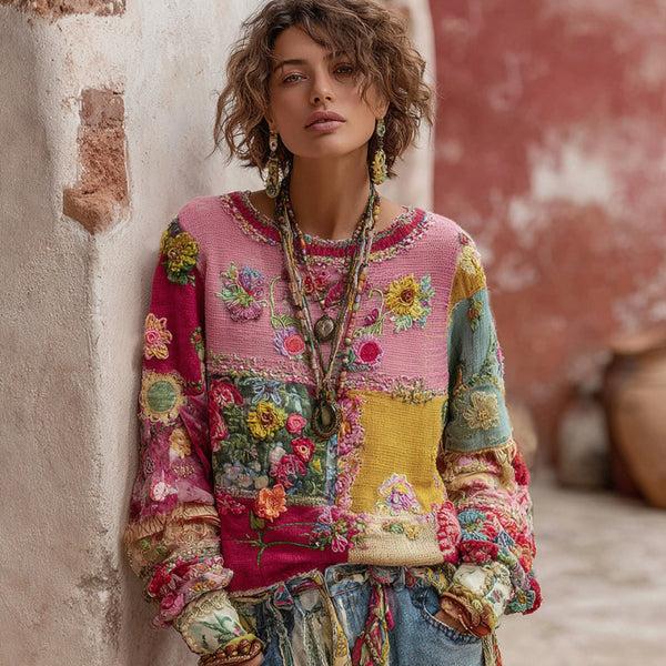 Pull en maille douce à broderies florales patchwork pour femme 