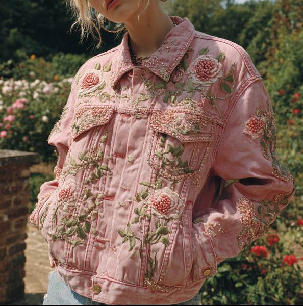Chaqueta vaquera informal retro para mujer con bordado de rosas de estilo bohemio 