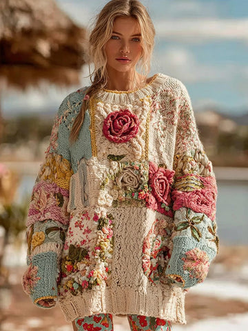 Suéter de punto grueso con cuello redondo y estampado floral de rosas vintage para mujer 