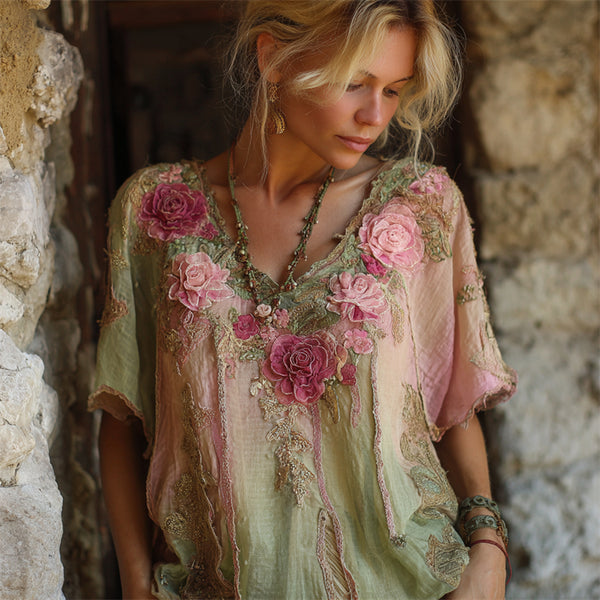 Camisa de lino con bordado 3D de rosas rosas estilo boho y degradado de purpurina 