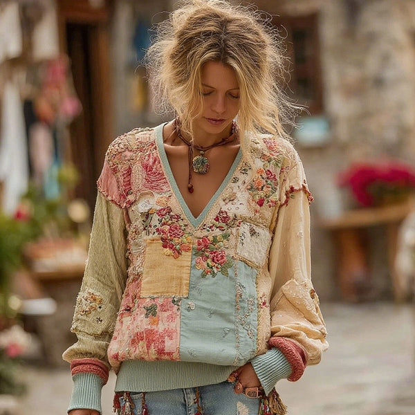 Sudadera cómoda de cuello en V con costuras florales bohemias retro para mujer 