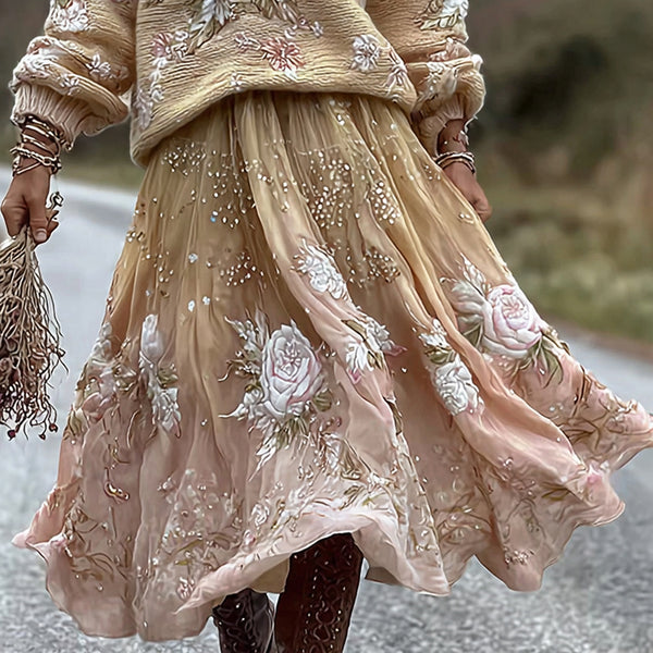 Vintage Rose In Gradient Yellow Art Cozy Knit Turtleneck Sweater And Linen Skirt Two-piece Set