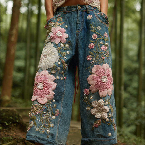 Pantalones vaqueros largos de mujer estilo bohemio con bordado de flores y plantas, corte holgado, pierna ancha y rectos. 