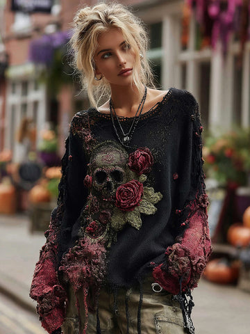 Suéter de punto grueso con lentejuelas y bordado de calavera de rosa 