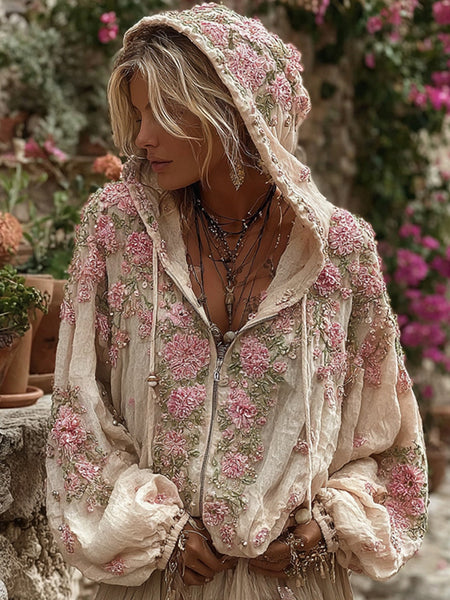 Sudadera vintage con cremallera rosa estilo bohemio 