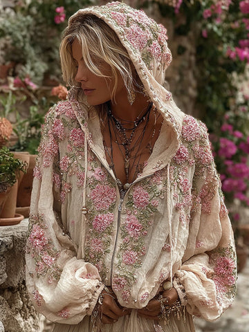 Sweat à capuche zippé rose vintage style bohème 