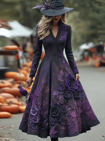 Women's Vintage Halloween Purple Rose Art Comfy Linen Maxi Dress