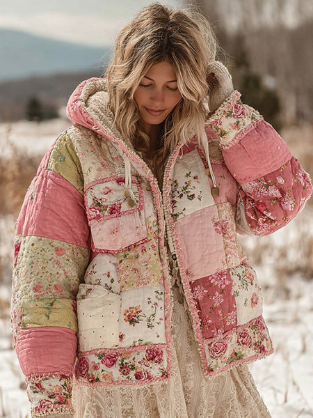 Ropa acolchada de algodón cálido con capucha y estampado floral para mujer 