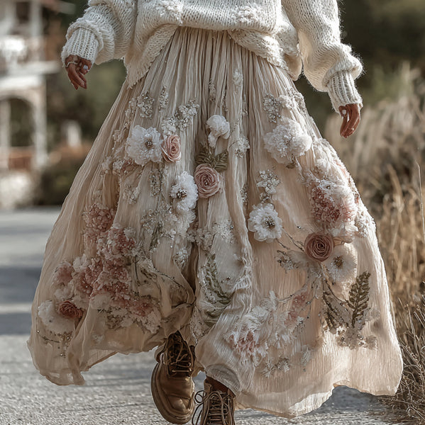 Classic Rose Art Cozy Knit Round Neck Sweater And Linen Skirt Two-piece Set