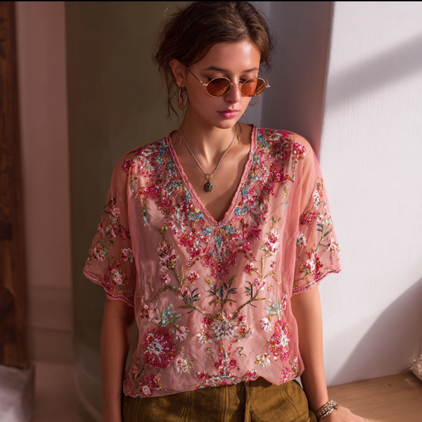 Top de mujer con escote en V, estampado floral y lentejuelas de estilo bohemio 