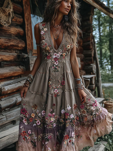 Robe maxi confortable à col en V, broderie florale bohème pour femme 