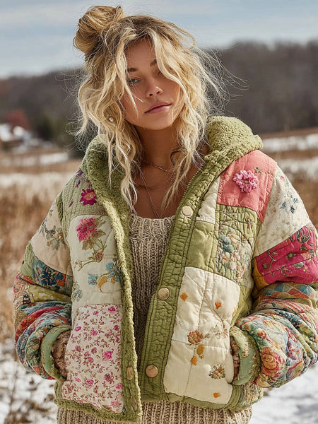 Ropa acolchada de algodón cálido con patchwork floral para mujer 