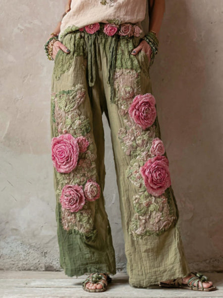 Pantalones rectos de lino con estampado floral bordado vintage 