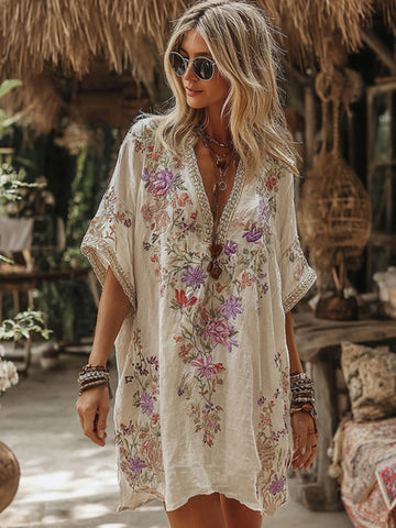 Vestido midi de manga corta con cuello en V y bordado floral para mujer 