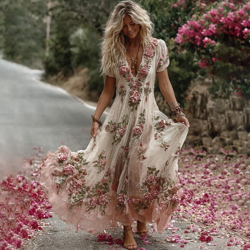 Vestido largo de lino cómodo con bordado floral vintage para mujer 