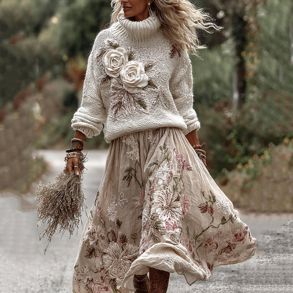 Vintage Rose Art Cozy Knit Turtleneck Sweater And Linen Skirt Two-piece Set