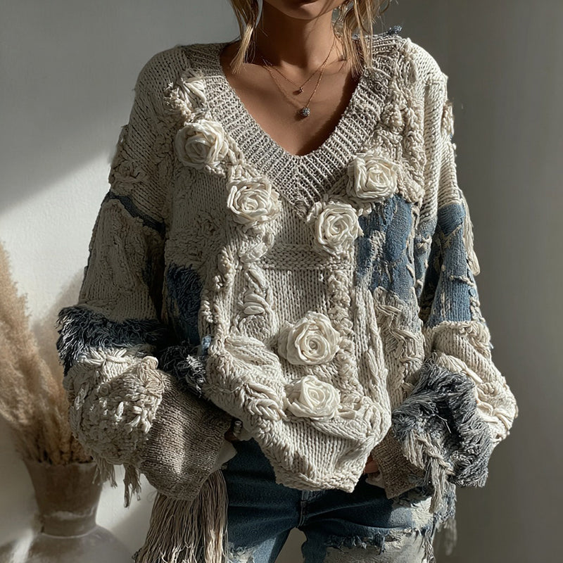 Women's Vintage White Rose Chunky Knit V-neck Sweater
