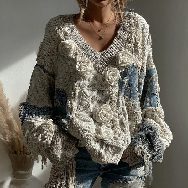 Women's Vintage White Rose Chunky Knit V-neck Sweater