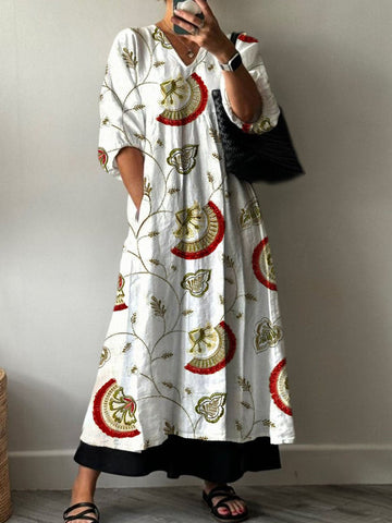 Robe en coton à imprimé floral vintage bohème pour femme, avec poches et col en V 