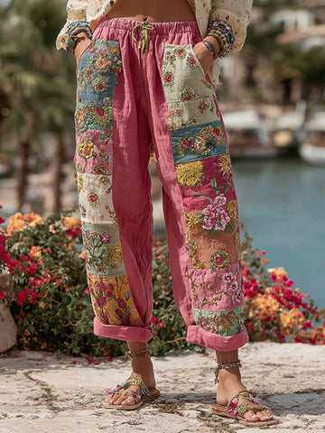Pantalones casuales de lino con bordado floral bohemio para mujer 