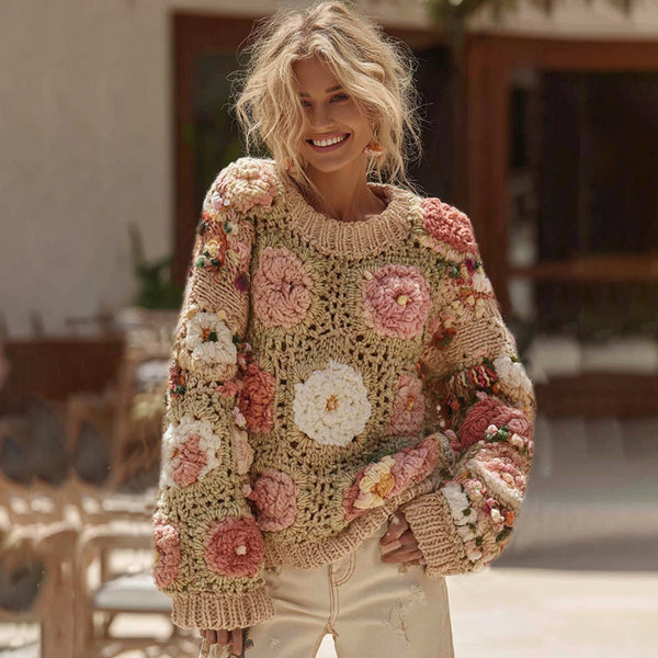 Suéter floral de rosas de ganchillo estilo boho clásico para mujer 