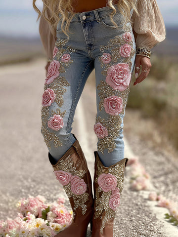 Jeans holgados vintage para mujer con bordado floral de rosas 