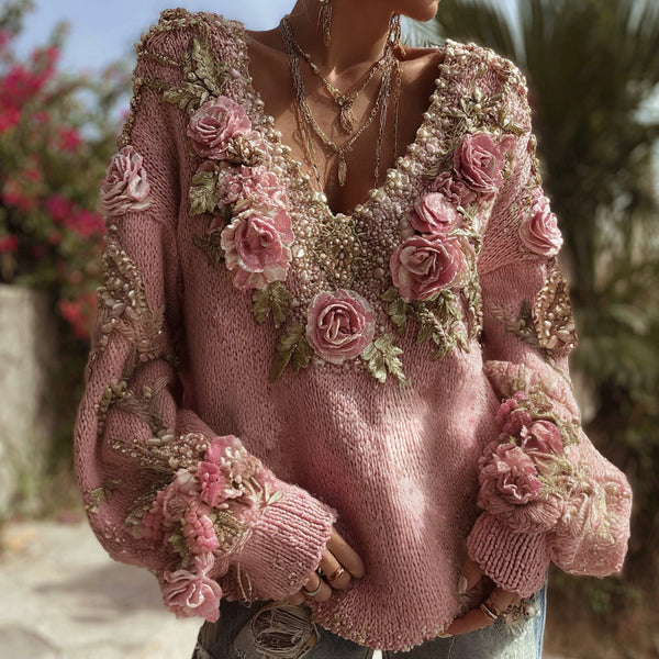 Women's Vintage Pink Rose Chunky Knit V-neck Sweater