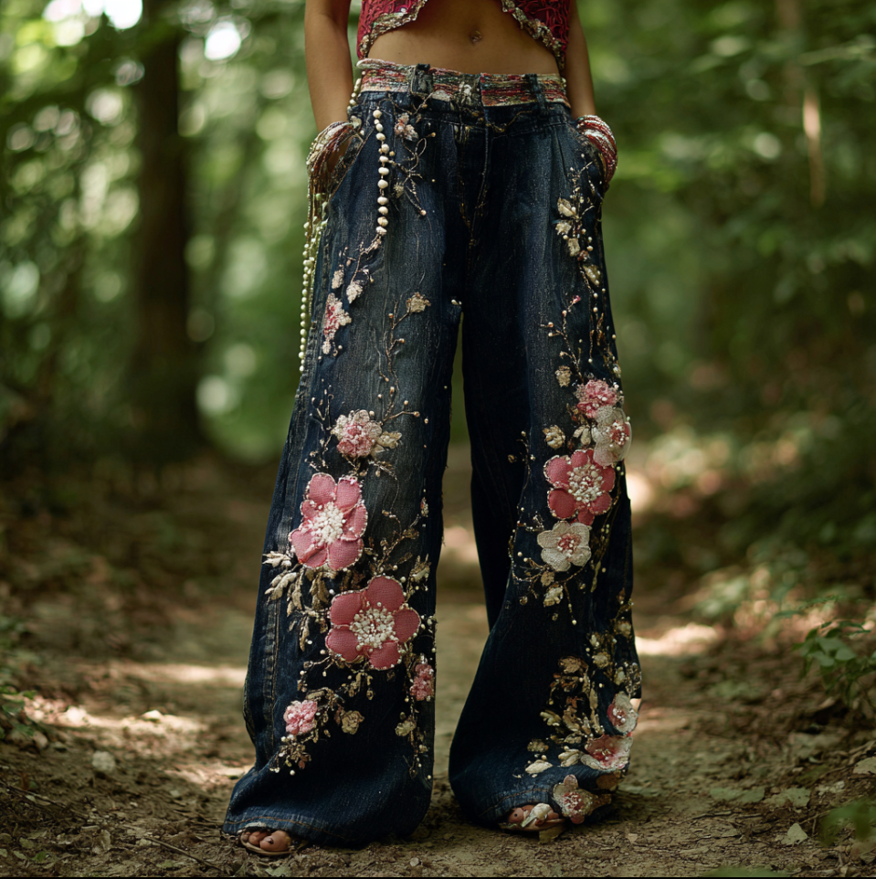 Pantalones vaqueros largos de mujer estilo bohemio con bordado de flores y plantas, corte holgado, pierna ancha y rectos. 