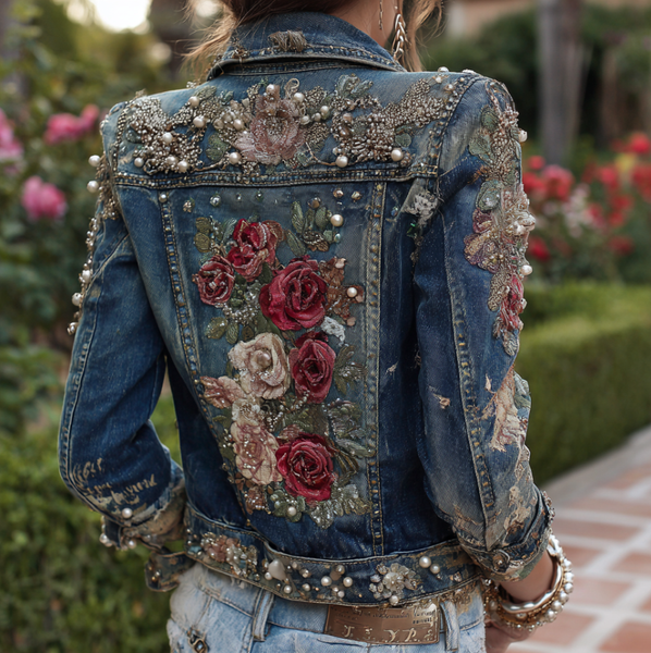 Chaqueta vaquera informal retro para mujer con bordado de rosas de estilo bohemio 