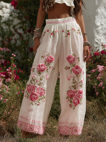 Pantalon patchwork rose à fleurs contrastées, taille élastique et poches pour femme 