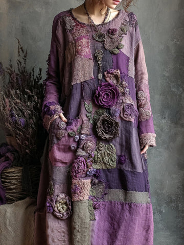 Vestido midi holgado de mujer con estampado floral patchwork vintage y escote en V 