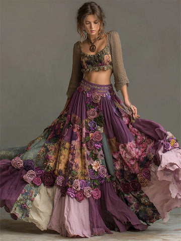 Falda ancha fluida con patchwork floral bordado de rosas moradas vintage 