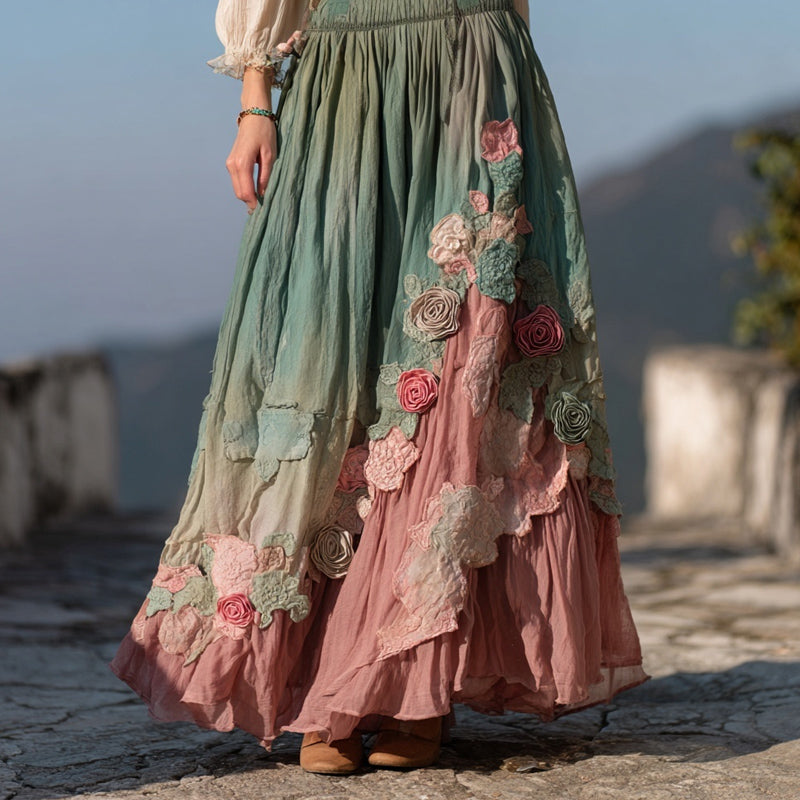 Vintage Boho Roses Embroidered Gradient Flowy Linen Skirt