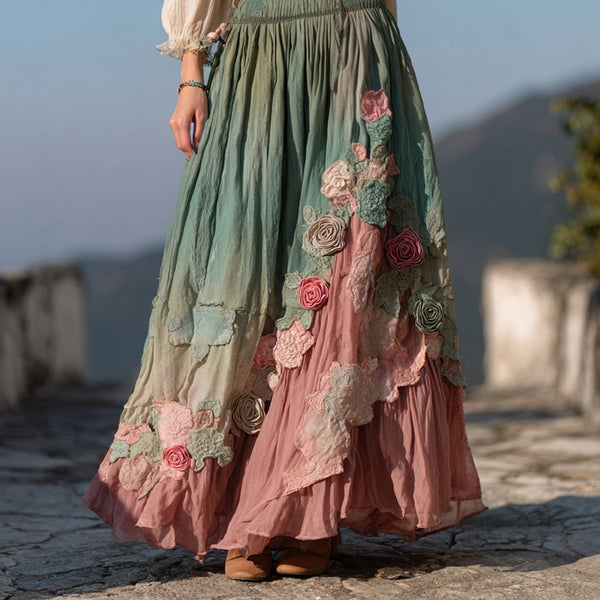 Vintage Boho Roses Embroidered Gradient Flowy Linen Skirt