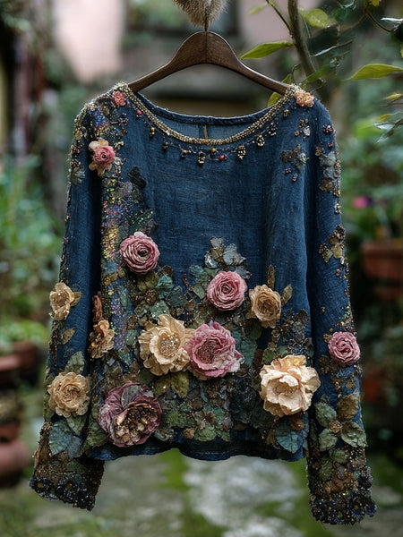 Vintage Boho Roses Embroidered Long Sleeve Linen Tunic