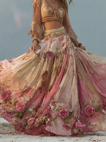 Falda ancha fluida estilo boho con rosas rosas y patchwork floral estilo cottagecore 