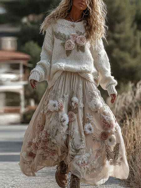 Classic Rose Art Cozy Knit Round Neck Sweater And Linen Skirt Two-piece Set