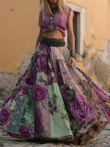 Falda ancha fluida estilo boho vintage con patchwork de rosas moradas 