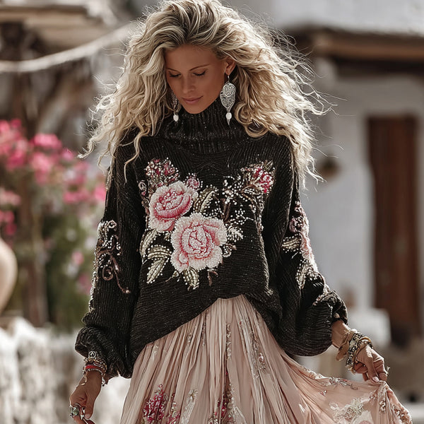 Vintage Rose In White Art Cozy Knit Turtleneck Sweater And Linen Skirt Two-piece Set