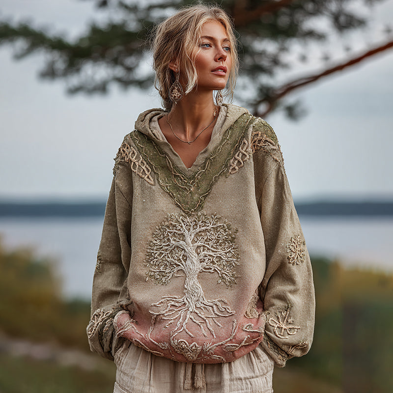 Sweat à capuche chaud et confortable à col en V avec motif arbre de vie viking et nœud celtique dégradé 