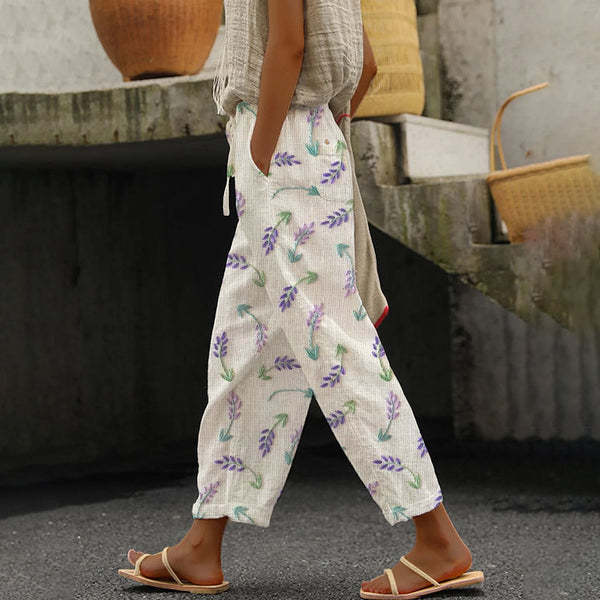 Pantalones de lino para mujer con bordado floral 