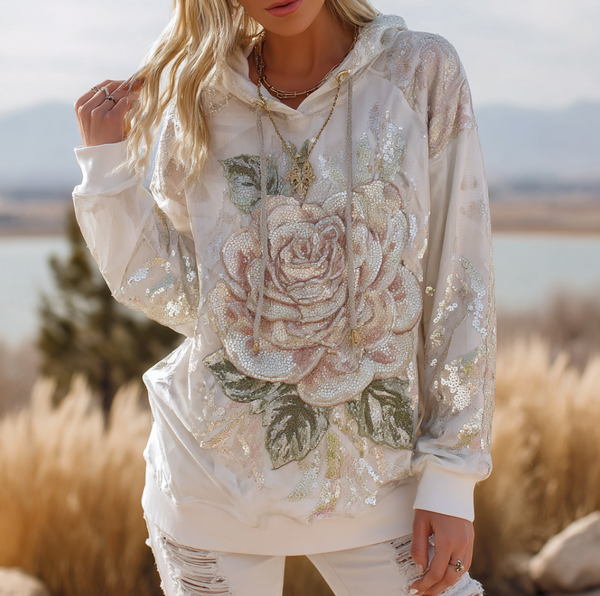 Sudadera de manga larga con capucha para mujer, estilo bohemio, con rosa rosa 3D y lentejuelas. 