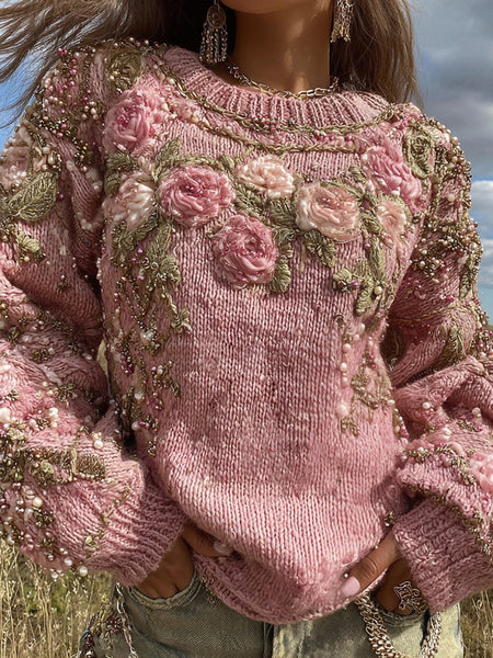 Vintage Rose Embroidery Art Beaded Cozy Knit Sweater