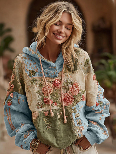 Sweat à capuche patchwork brodé de roses pour femme 