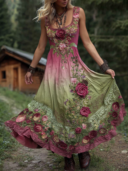 Vestido largo de lino bordado con rosas rosas degradadas elegantes para la concientización sobre el cáncer 