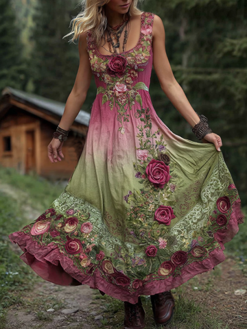 Vestido largo de lino bordado con rosas rosas degradadas elegantes para la concientización sobre el cáncer 