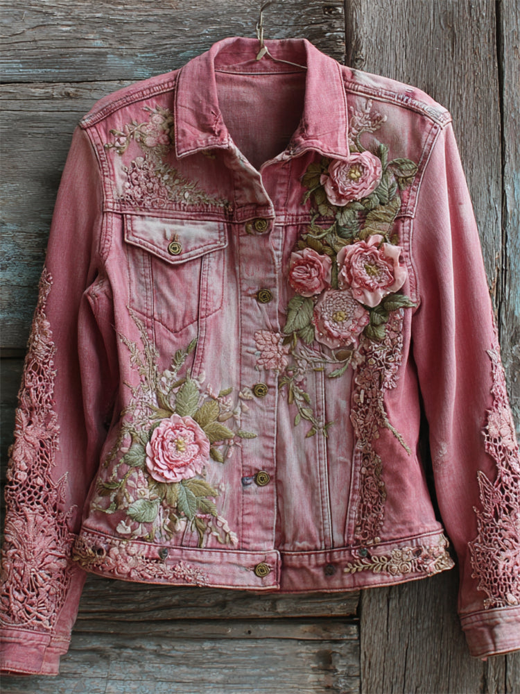 Chaqueta vaquera lavada con parche de encaje bordado de flores rosas vintage 