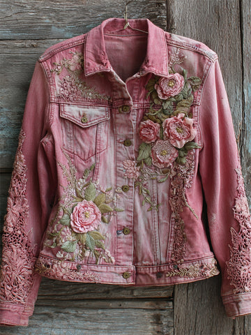 Chaqueta vaquera lavada con parche de encaje bordado de flores rosas vintage 